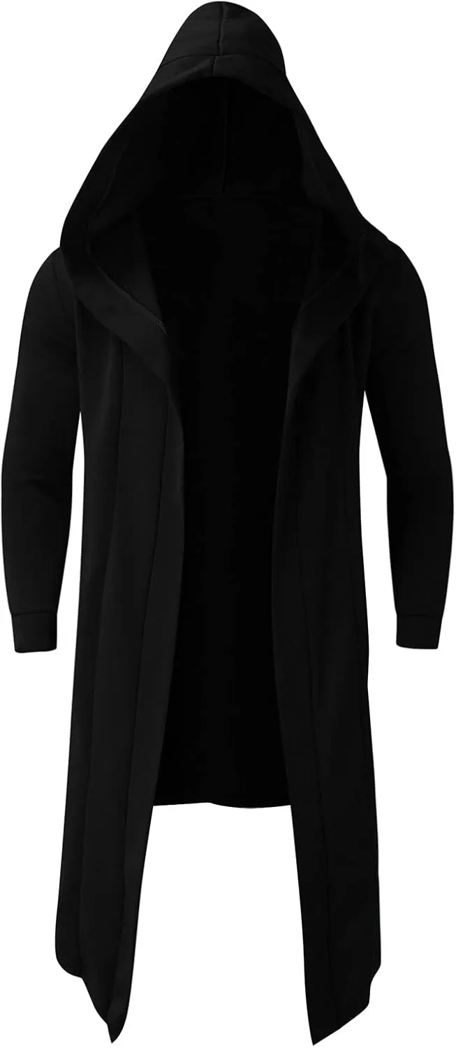 ZYXTIM Men's Casual Long Hooded Draped Cardigan Long Sleeve Shawl Ruffle Open Front Lightweight Cape Cloak Overcoat