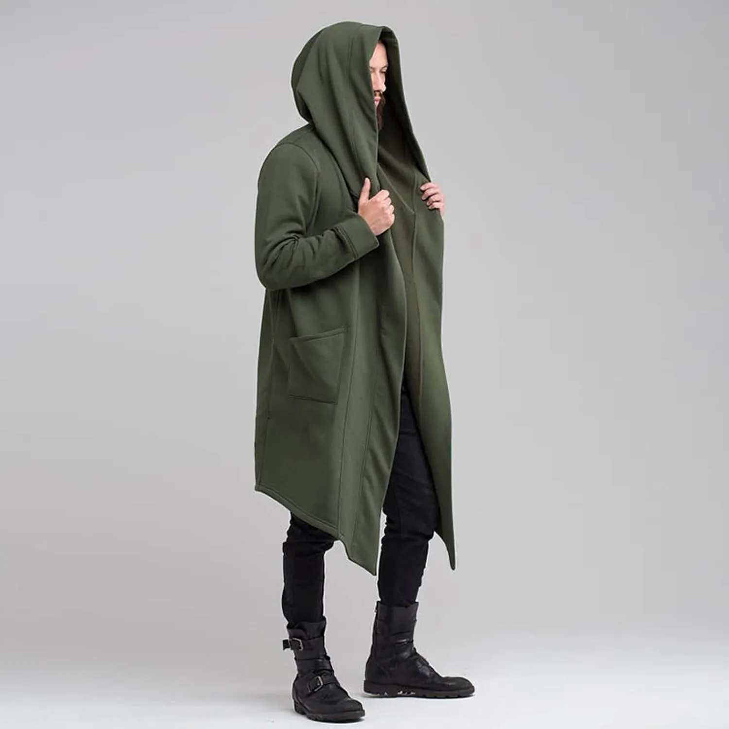 ZYXTIM Men's Casual Long Hooded Draped Cardigan Long Sleeve Shawl Ruffle Open Front Lightweight Cape Cloak Overcoat