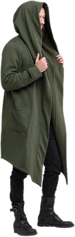 ZYXTIM Men's Casual Long Hooded Draped Cardigan Long Sleeve Shawl Ruffle Open Front Lightweight Cape Cloak Overcoat