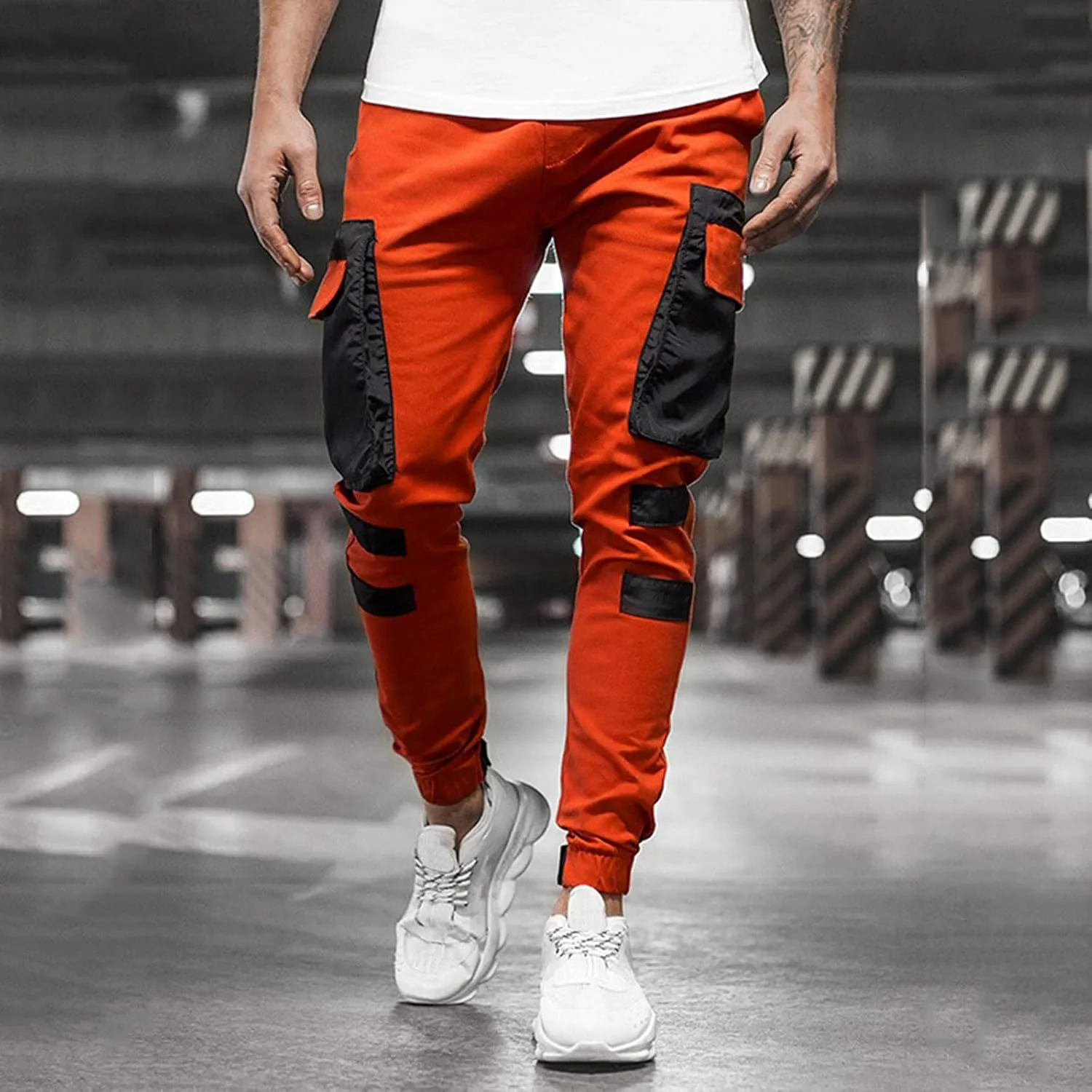 ZYXTIM Sweat Pants for Man Slim Fit Pencil Tapered Cuff Stripes Color Block Jogger Trousers with Pockets